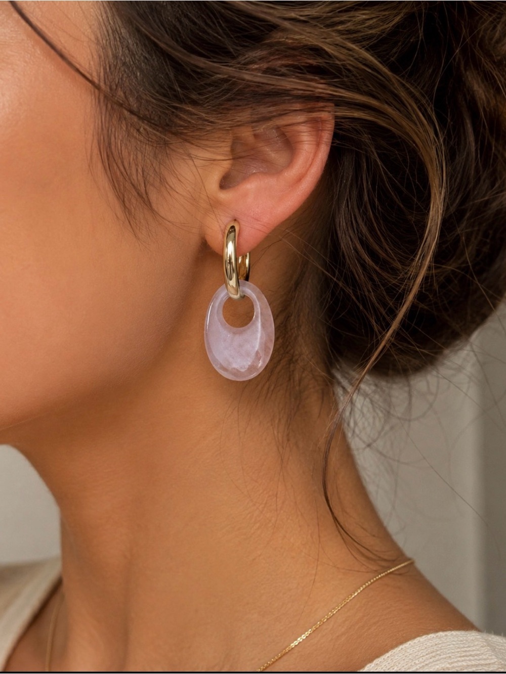 Rose Quartz Oval Hooplet Charms Doorkknocker Earrings